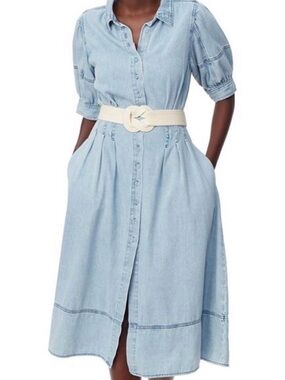 Sam Edelman Light Blue Denim Midi Shirt Dress with Cream Belt
